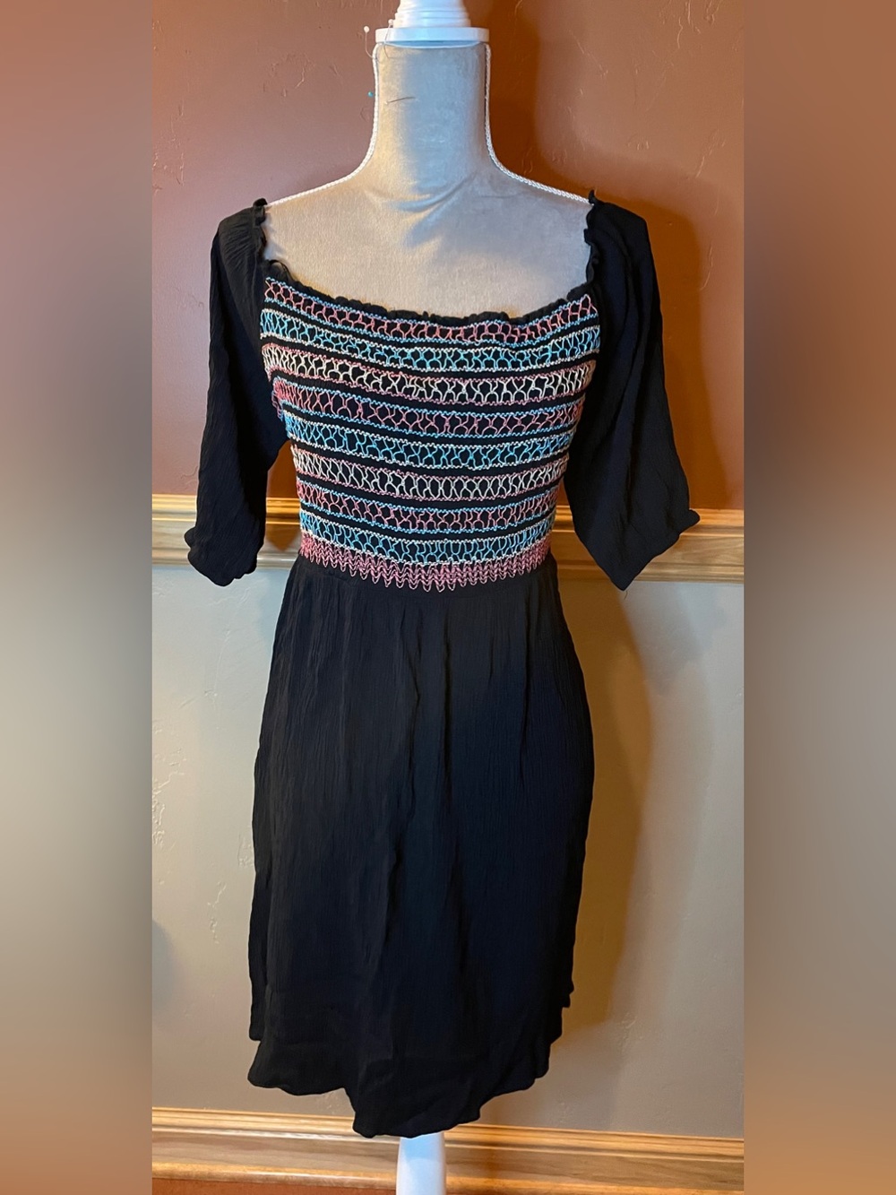 City Chic Black Midi Dress with Pink and Blue Smocked Bodice